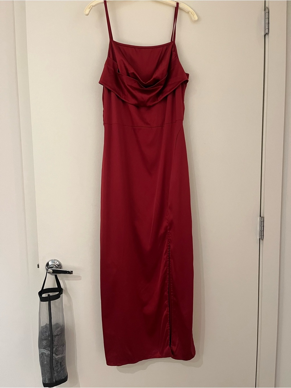 Red Slip Satin Slit Cowl Neck Maxi Dress